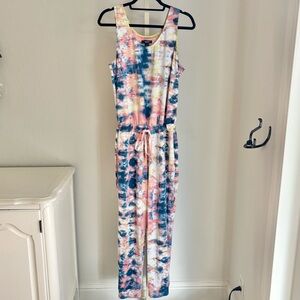 Simply Vera Sleeveless Tie Dye Jogger Jumpsuit Tie Waist Side Pockets, Sz Large